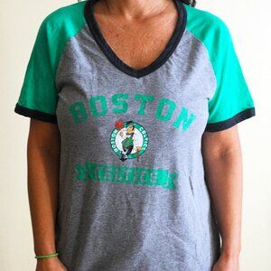 V NECK Ringer Tee Vintage distressed Logo Boston Celtics Size Large Gently used.